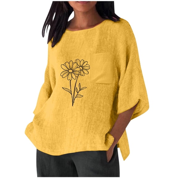 Linen Shirts Women's 3/4 Length Sleeves Crewneck Boho Floral Shirt Loose Comfy Casual T-Shirts Summer Tops