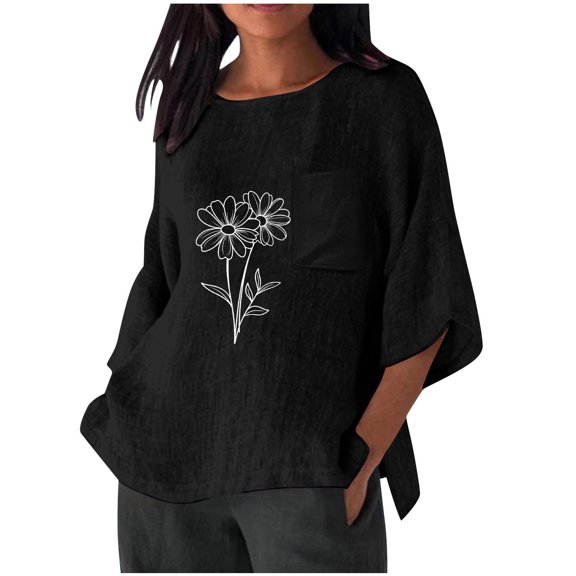 Linen Shirts Women's 3/4 Length Sleeves Crewneck Boho Floral Shirt Loose Comfy Casual T-Shirts Summer Tops