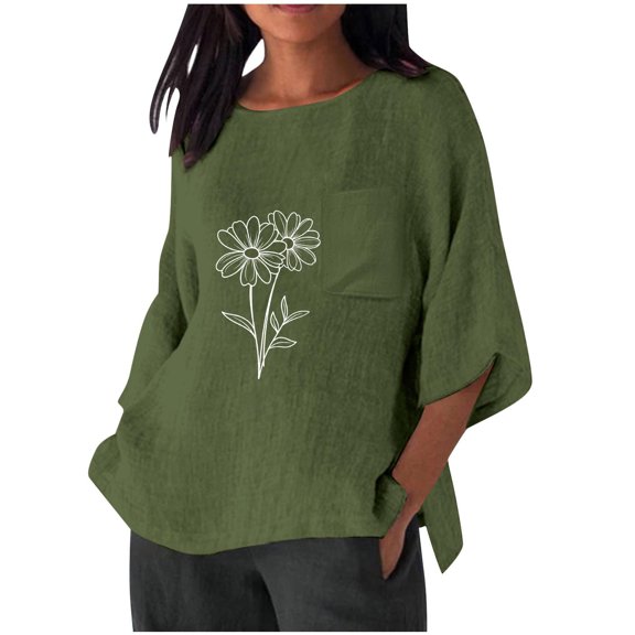 Linen Shirts Women's 3/4 Length Sleeves Crewneck Boho Floral Shirt Loose Comfy Casual T-Shirts Summer Tops