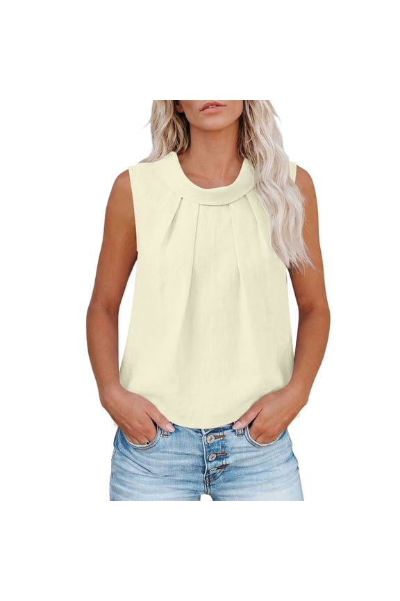 Linen Shirts Women's Linen Backless Pleated Tank Top - Round Neck Shirts with Low Back Detail, Casual Summer Blouse