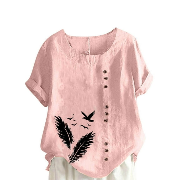 Linen Shirts for Womens Plus Size Tops Summer Cotton-Linen Short Sleeve Floral Print TShirts Casual Loose Oversized Blouses Beach Breathable Tunic Pullover Top