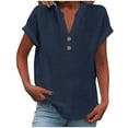 thumbnail image 1 of Linen Shirts Womens Summer Tops Casual Cotton Linen T-Shirts Solid Color Comfy Short Sleeve Blouses V-Neck Button up Tunic Tops Tees, Style-Md2, A-Navy, S, 1 of 6