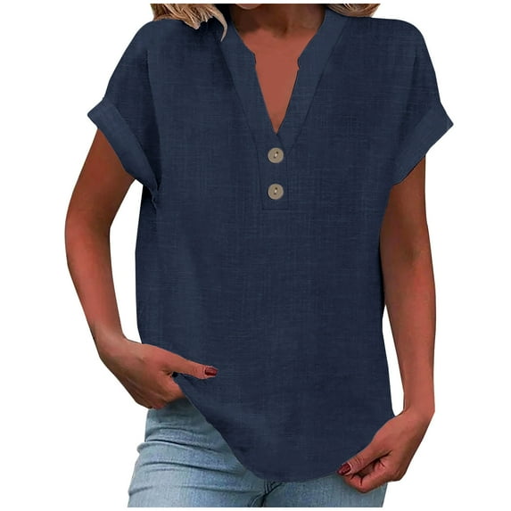 Linen Shirts Womens Summer Tops Casual Cotton Linen T-Shirts Solid Color Comfy Short Sleeve Blouses V-Neck Button up Tunic Tops Tees, Style-Md2, A-Navy, S