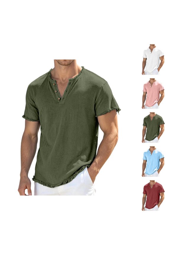 Linen Shirts for Men 2026 Summer Short Sleeve Casual Loose Raw Edge Henley T Shirts Lightweight Beach Vacation Shirt