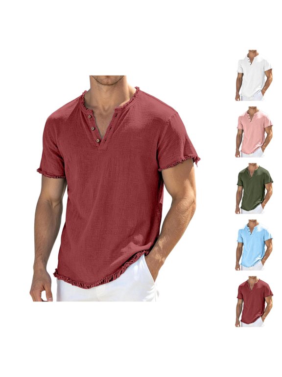 Linen Shirts for Men 2026 Summer Short Sleeve Casual Loose Raw Edge Henley T Shirts Lightweight Beach Vacation Shirt