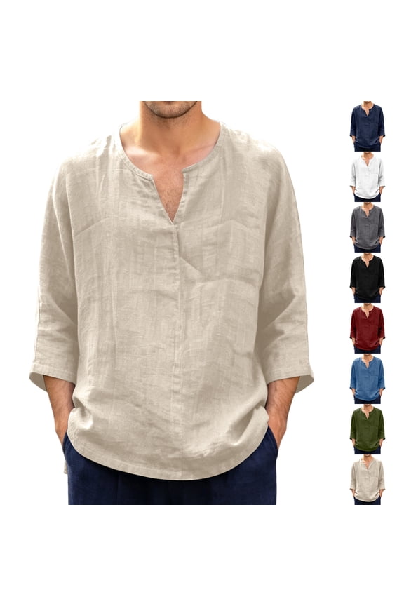 Linen Shirts for Men Boho 3/4 Sleeve V Neck T Shirts Summer Casual Beach Loose Fit Tees, 5XL