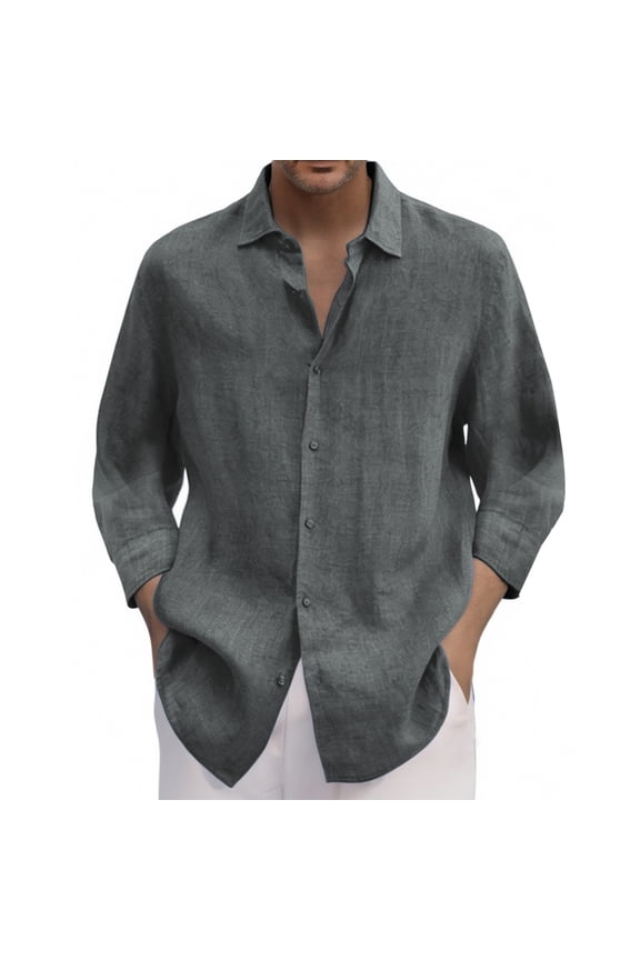Linen Shirts for Men Button Down Men 3/4 Sleeve Spring/summer Solid Color Casual Lapel Long Sleeve Shirt