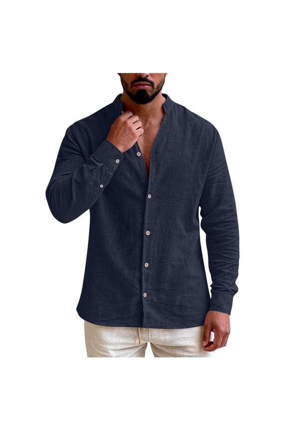 Linen Shirts for Men Button Down V Neck Long Sleeve Tops Lightweight Casual Spring Summer Beach Travel Blouse (2XL, Navy)