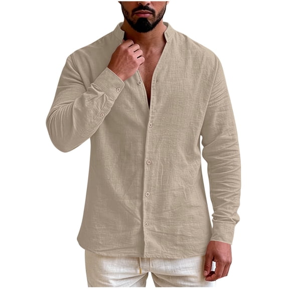 Linen Shirts for Men Button Down V Neck Long Sleeve Tops Lightweight Casual Spring Summer Beach Travel Blouse (3XL, Khaki)