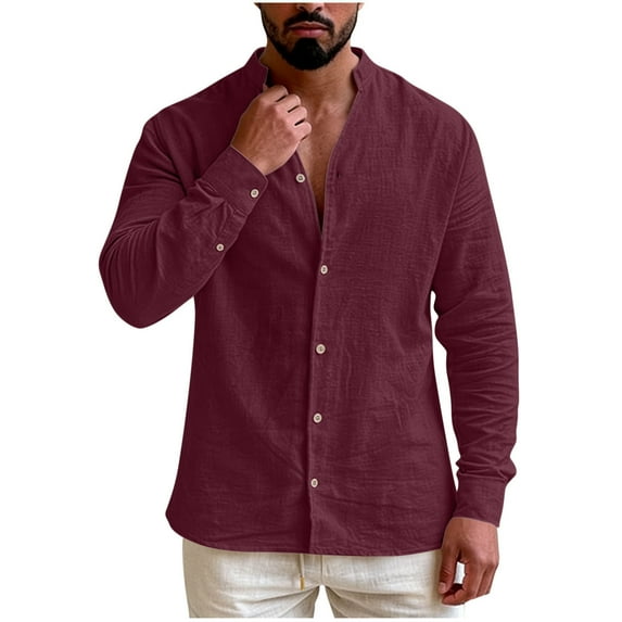 Linen Shirts for Men Button Down V Neck Long Sleeve Tops Lightweight Casual Spring Summer Beach Travel Blouse (M, Wine)