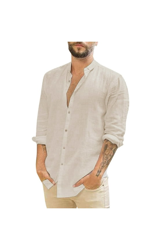 Mens Shirts Long Sleeve Button Down Lapel Solid Color Blouses Daily Casual Loose Summer Tops Beige L