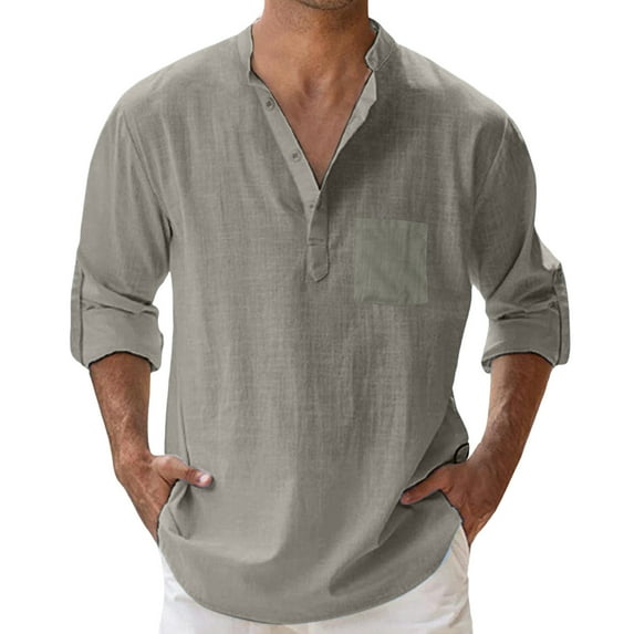 Mens Shirts Casual Solid Color Button Down Long Sleeve Stand Collar Pullover Blouses With Pocket Loose Fall Tops Grey XL