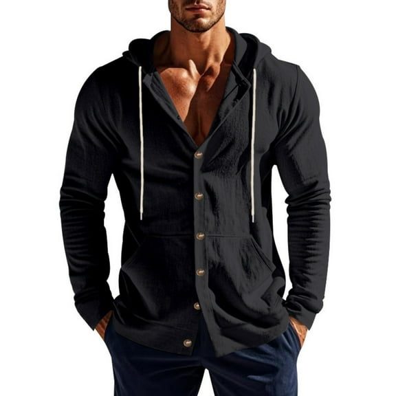 Linen Shirts for Men Casual Long Sleeve Button Down Shirts with Pocket Hoodies Shirt Lightweight Fashion Tops Vacation Black 2XL