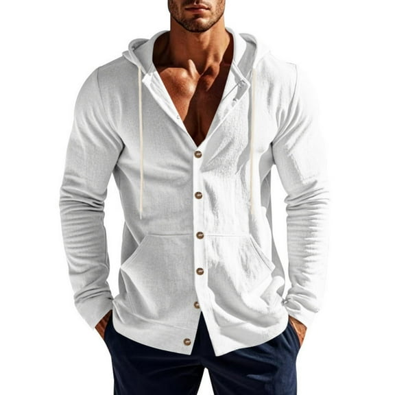 Linen Shirts for Men Casual Long Sleeve Button Down Shirts with Pocket Hoodies Shirt Lightweight Fashion Tops Vacation White L