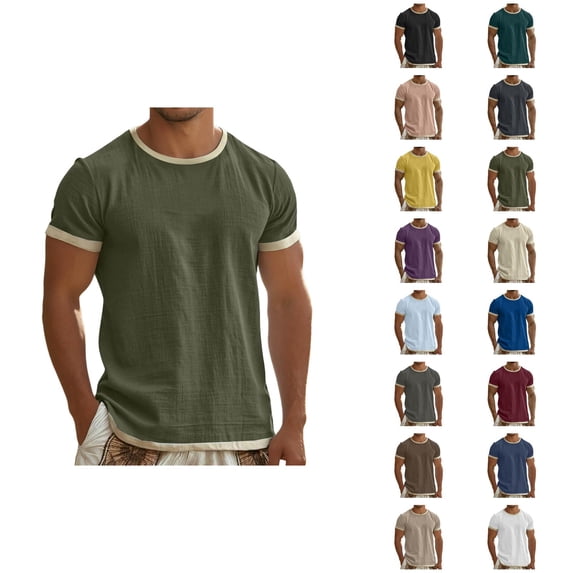 Linen Shirts for Men Color Block Summer Short Sleeve Crewneck Casual Beach Shirt Lightweight T-Shirts