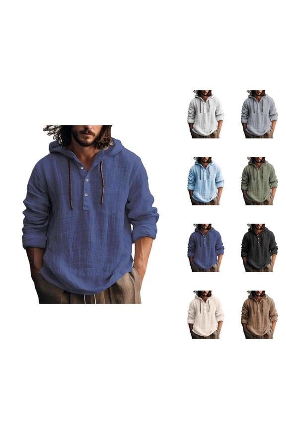 Linen Shirts for Men Lightweight Long Sleeve Casual Plain Hoodie Spring Shirts Pullover