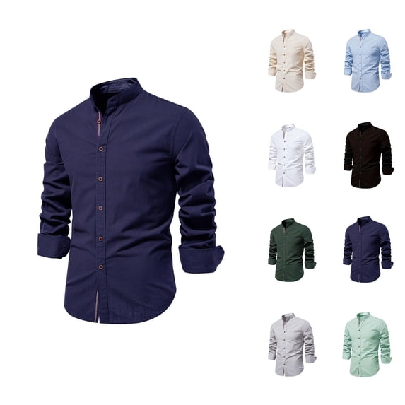 Linen Shirts for Men Long Sleeve Band Collar Button Down Business Casual Dress Shirt Spring Work Shirts