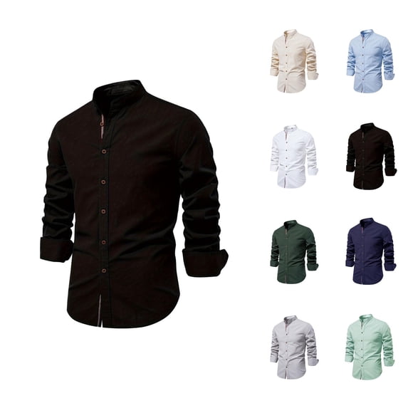 Linen Shirts for Men Long Sleeve Band Collar Button Down Business Casual Dress Shirt Spring Work Shirts