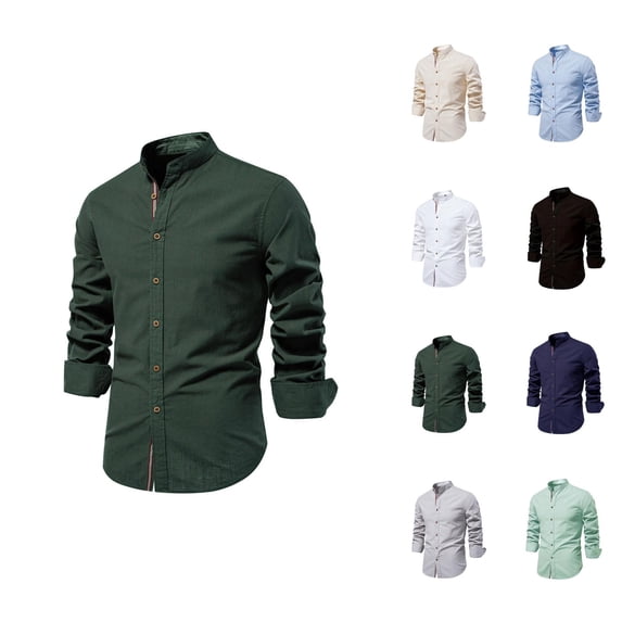 Linen Shirts for Men Long Sleeve Band Collar Button Down Business Casual Dress Shirt Spring Work Shirts