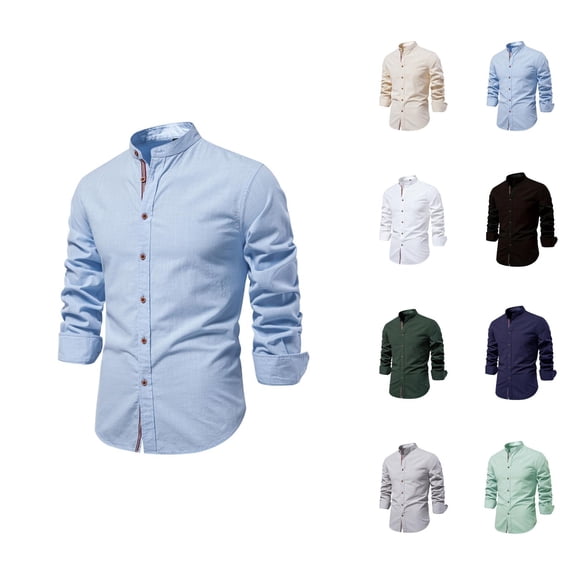 Linen Shirts for Men Long Sleeve Band Collar Button Down Business Casual Dress Shirt Spring Work Shirts