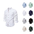 thumbnail image 1 of Linen Shirts for Men Long Sleeve Band Collar Button Down Dress Shirt Business Casual Spring Work Shirts, 1 of 4