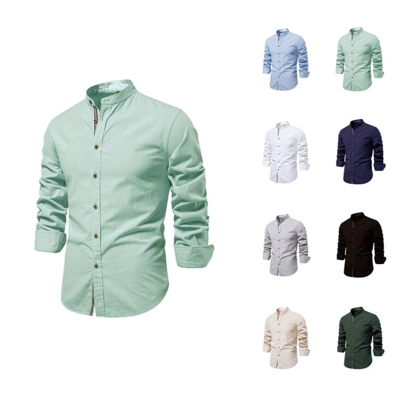 Linen Shirts for Men Long Sleeve Band Collar Button Down Dress Shirt Business Casual Spring Work Shirts