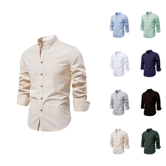 Linen Shirts for Men Long Sleeve Band Collar Button Down Dress Shirt Business Casual Spring Work Shirts