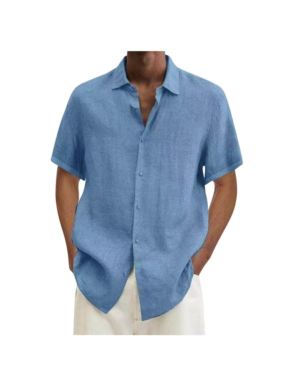 Linen Shirts for Men, Men's Cotton Linen Casual Button Down Shirt Short Sleeve Dress Shirts Loose Plain Tshirts