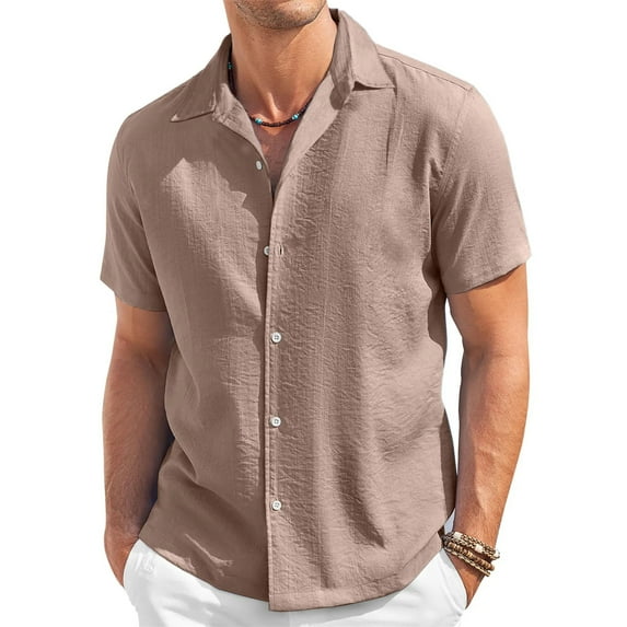 Linen Shirts for Men Mens Shirt Button Down Short Sleeve Casual Short Collared Top Coffee L