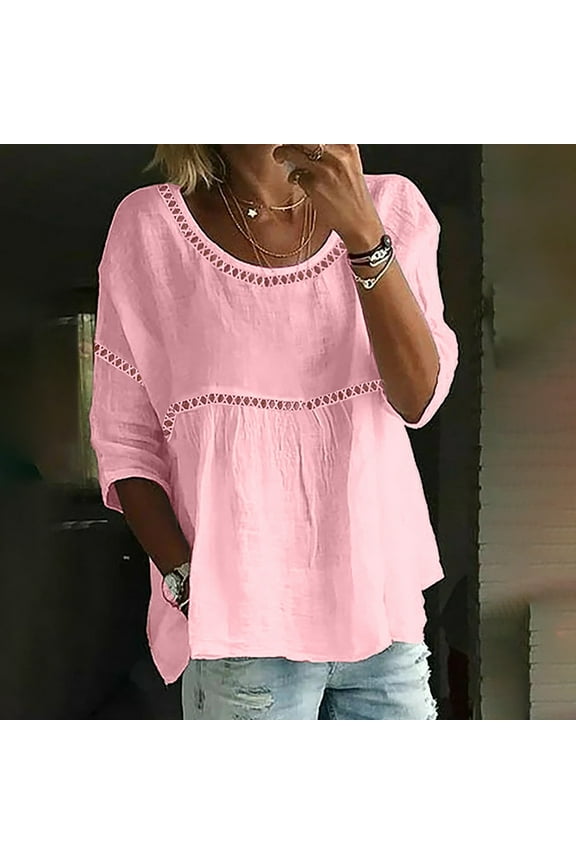 Linen Shirts for Women 2025 Retro Embroidered Blouses 3/4 Sleeve Boho Floral Tops Dressy Casual Blouses Loose Tunics