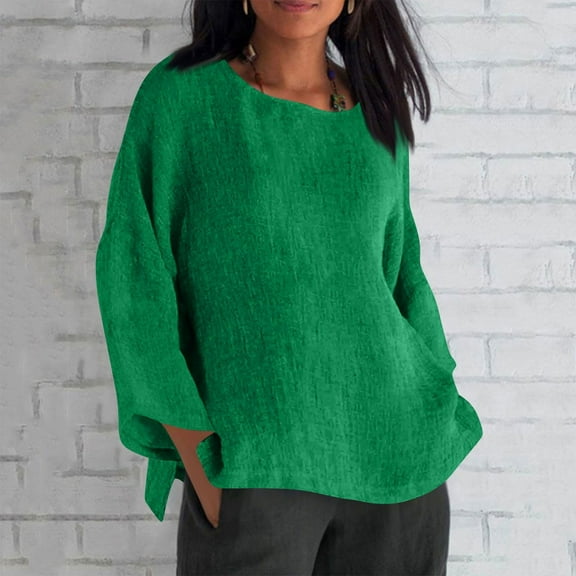 Linen Shirts for Women 2025 Trendy Long Sleeve Summer Tops Casual Loose Tshirts Basic Tees Dark Green L
