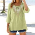 thumbnail image 1 of Linen Shirts for Women 3/4 Sleeve Crewneck Breathable Embroidered Top 2026 Loose Fit Dressy Casual Women Blouses Green XL, 1 of 5