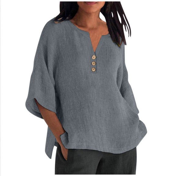 Linen Shirts for Women 3/4 Sleeve Plus Size Tops Loose Crew Neck T Shirts Casual Three Quarter Length Tunic Tops