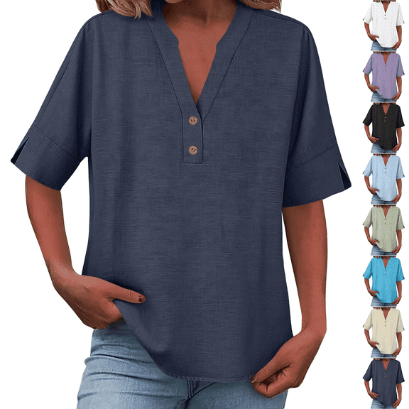 Linen Shirts for Women 3/4 Sleeve V Neck Blouse Casual Loose Fit for Summer Beach Vacation Comfy Breathable Womens Tops