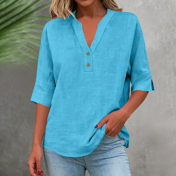 Linen Shirts for Women 3/4 Sleeve V Neck Blouse Casual Loose Fit for Summer Beach Vacation Comfy Breathable Womens Tops