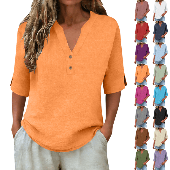 Linen Shirts for Women 3/4 Sleeve V Neck Blouse Casual Loose Fit for Summer Beach Vacation Comfy Breathable Womens Tops