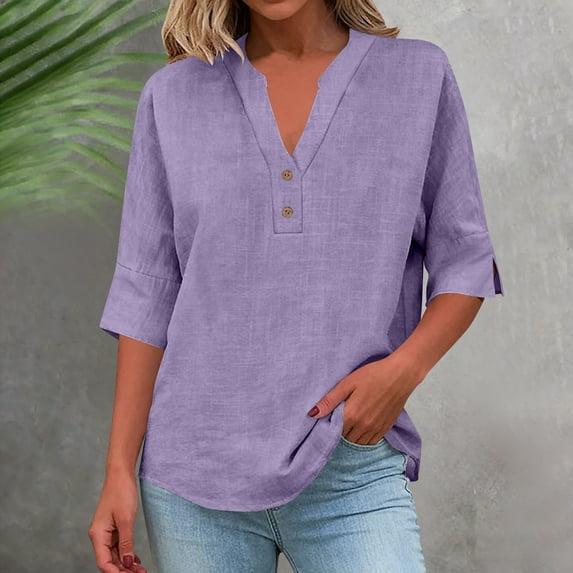 Linen Shirts for Women 3/4 Sleeve V Neck Blouse Casual Loose Fit for Summer Beach Vacation Comfy Breathable Womens Tops