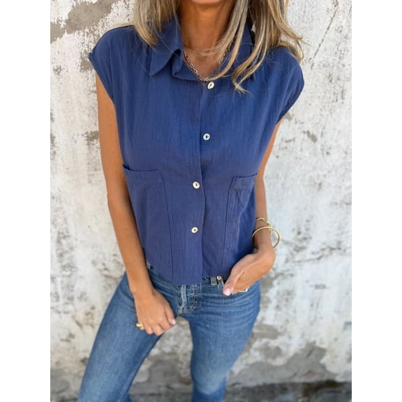 Linen Shirts for Women Button Down Shirts Cap Sleeve Cotton Collared V Neck Solid Casual Blouses with Pocket