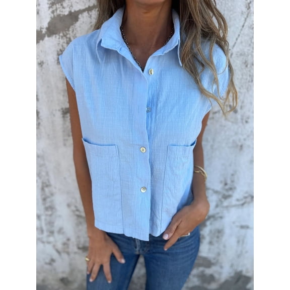 Linen Shirts for Women Button Down Shirts Cap Sleeve Cotton Collared V Neck Solid Casual Blouses with Pocket