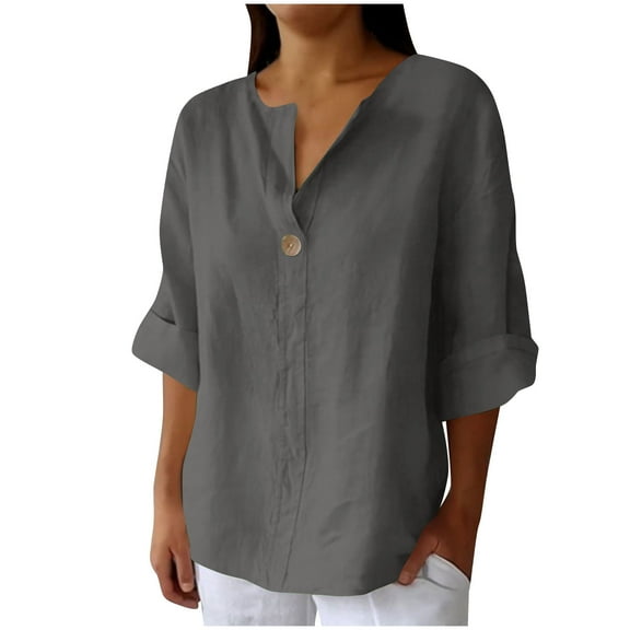 Linen Shirts for Women Button Down Shirts Short Sleeve Cotton Collared V Neck Solid Casual Blouses with Pocket