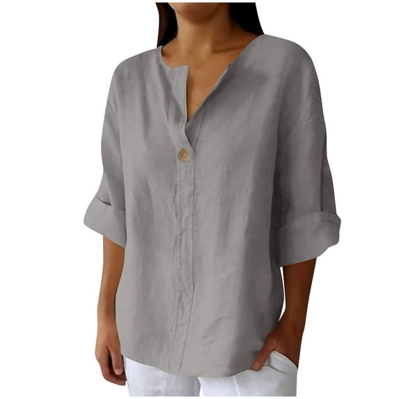 Linen Shirts for Women Button Down Shirts Short Sleeve Cotton Collared V Neck Solid Casual Blouses with Pocket