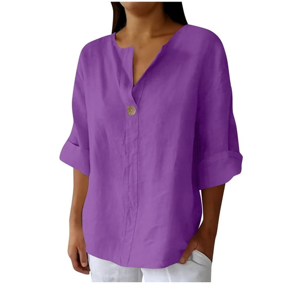 Linen Shirts for Women Button Down Shirts Short Sleeve Cotton Collared V Neck Solid Casual Blouses with Pocket