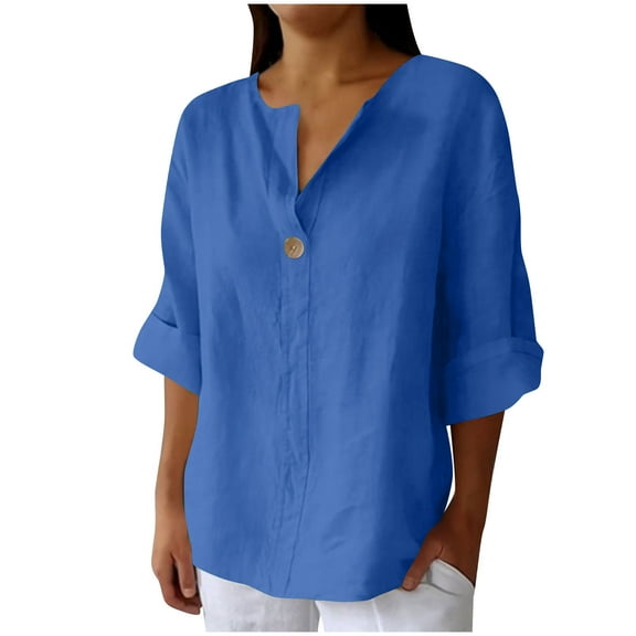 Linen Shirts for Women Button Down Shirts Short Sleeve Cotton Collared V Neck Solid Casual Blouses with Pocket