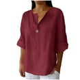 thumbnail image 1 of Linen Shirts for Women Button Down Shirts Short Sleeve Cotton Collared V Neck Solid Casual Blouses with Pocket, 1 of 5