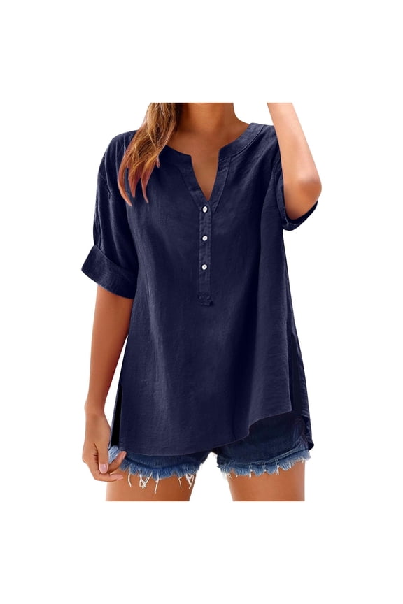 Linen Shirts for Women Button Down Shirts Short Sleeve Rolled up Cotton Tops Henley V Neck Solid Casual Blouses