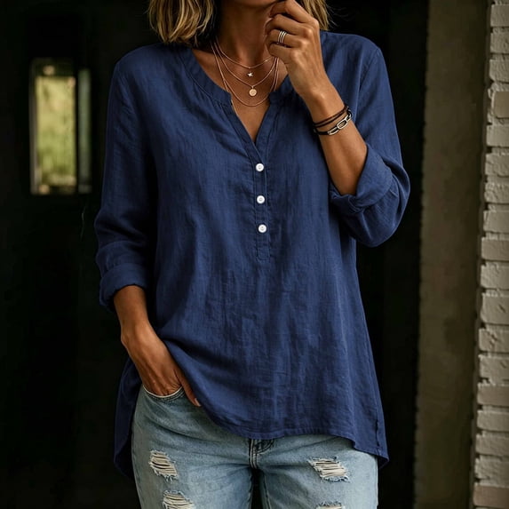 Linen Shirts for Women Button V Neck Long Sleeve Tops Dressy Casual Loose Blouses, M