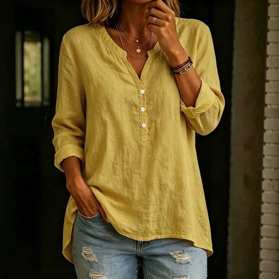 Linen Shirts for Women Button V Neck Long Sleeve Tops Dressy Casual Loose Blouses, M