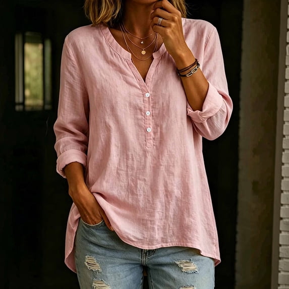 Linen Shirts for Women Button V Neck Long Sleeve Tops Dressy Casual Loose Blouses, M