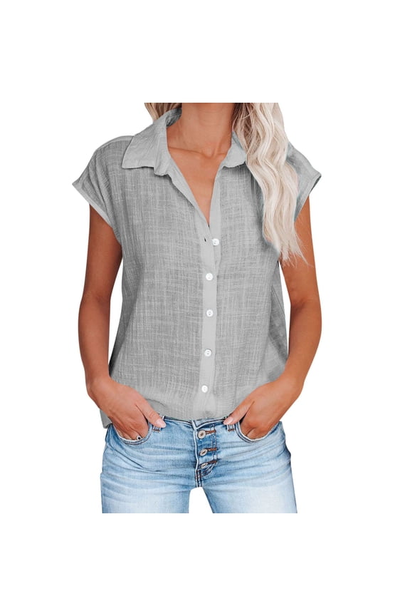 Linen Shirts for Women Button down Short Cap Sleeve Blouse Loose Comfy Fitted V Neck Collared Casual Basic Shirts for Work (3X-Large, Gray 49)