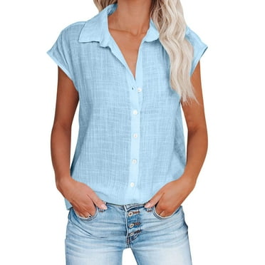 Linen Shirts for Women Button down Short Cap Sleeve Blouse Loose Comfy Fitted V Neck Collared Causal Basic Shirts for Work (Large, Light Blue 49)
